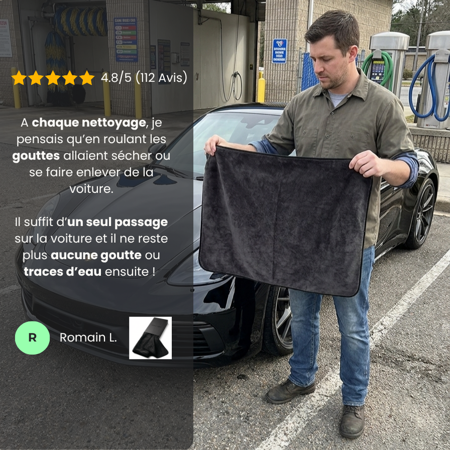 Témoignage client avec note 4,8/5 sur 112 avis, homme tenant la serviette Velko Fiber devant sa voiture dans une station de lavage