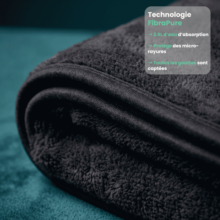 Gros plan sur la serviette microfibre Velko Fiber pliée, texture du tissage FibraPure, sur fond bleu-vert