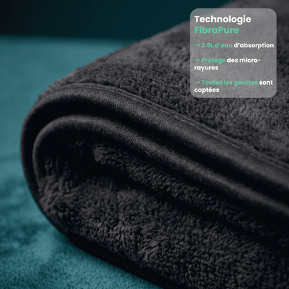 Gros plan sur la serviette microfibre Velko Fiber pliée, texture du tissage FibraPure, sur fond bleu-vert